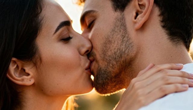 Couple kissing at sunset embracing with hand on shoulder intimate golden hour closeup