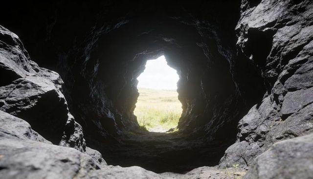 Rugged cave tunnel framing sunlit grassland beyond