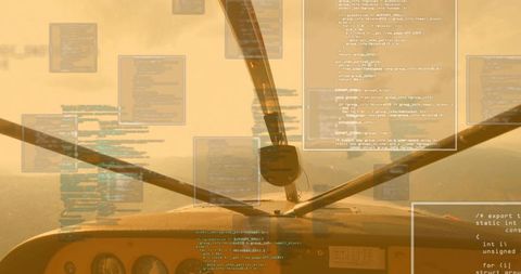 Cockpit sunset with code overlays blending aviation instruments and data visualization