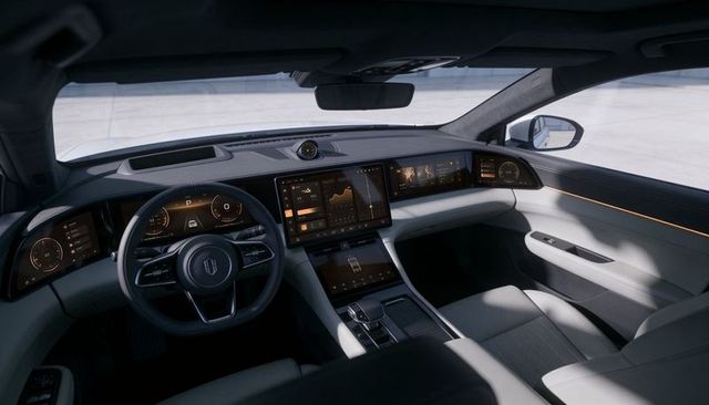 Luxury ev cockpit featuring panoramic multiscreen dashboard, ambient led lighting