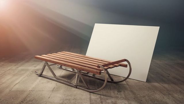 Rustic Wooden Sleigh in Minimalist Industrial Space