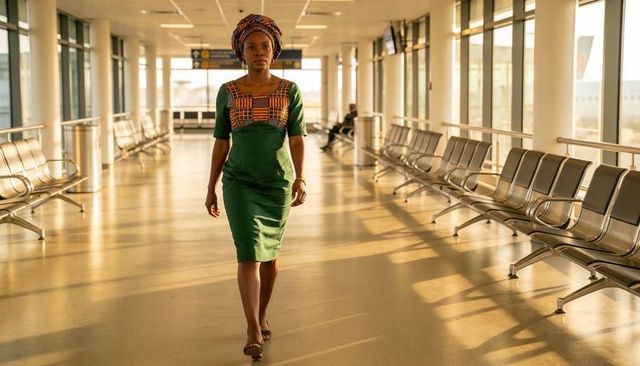 Traveler walking through sunlit airport terminal wearing green dress and headwrap
