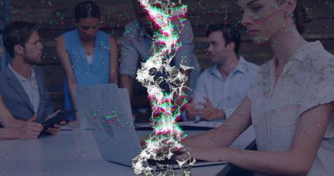 Business team collaborating with modern technology overlay