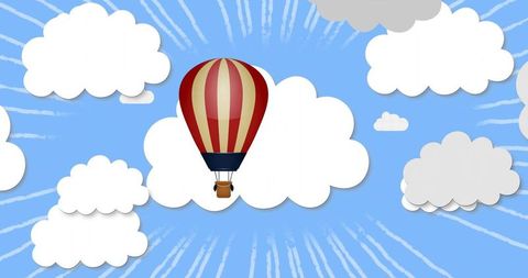 Drifting red-and-cream hot air balloon over layered papercut clouds