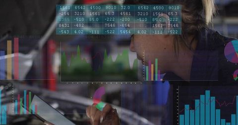 Woman Leaning and Using Tablet with Interactive Data Dashboards Overlay