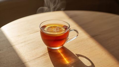 Steaming Glass Cup of Lemon Tea on Wooden Table with Sunbeam Casting Soft Warm Shadow