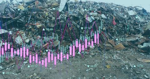 Mixed media scrapyard scene with overlay of financial graphs