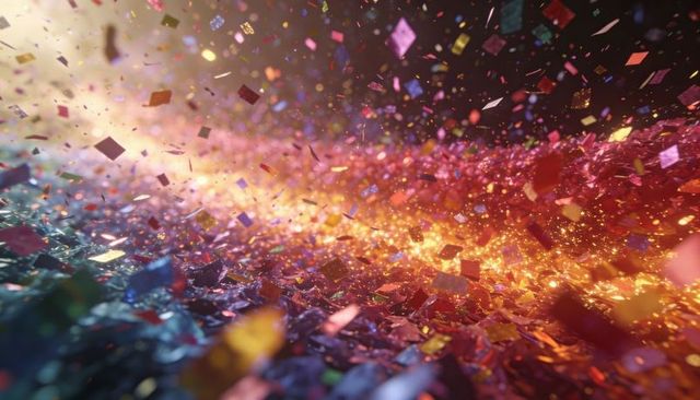 Iridescent confetti cascade creating vibrant sparkle and bokeh light explosion