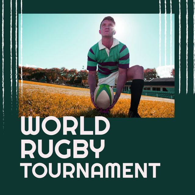 Composition of world rugby tournament text over cucasian rugby player. World rugby contest and sport concept digitally generated image.