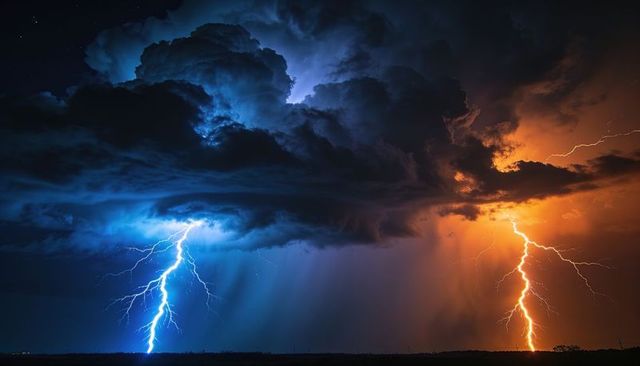 Dual-color lightning striking under towering cumulonimbus over rural plain at night