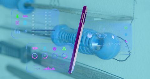 Futuristic smartphone holographic data interface in high-tech setting