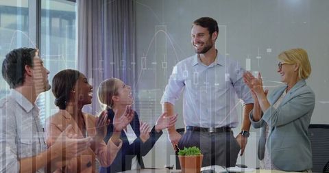 Successful business presentation with team applause and growth charts