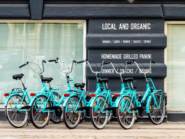 Row of turquoise bicycles parked outside a local and organic café, suggesting eco-friendly transportation in a vibrant urban setting. Sign offers brunch, lunch, dinner, snacks, and drinks. Perfect for showcasing eco-conscious urban lifestyle, cycling community, sustainable travel, and café culture. Suitable for articles or advertisements on modern transportation, urban living, and health-conscious dining.