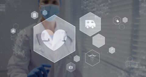 Female doctor touching floating medical hex interface | telemedicine healthtech concept