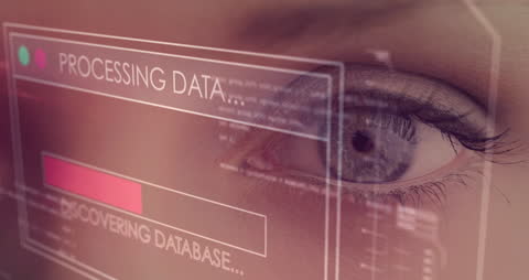 Close-up of Woman's Eye with Digital Data Processing Overlay