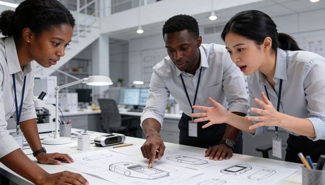 Design team reviewing handheld device blueprints during collaborative product development