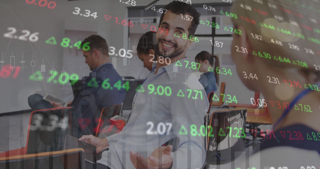 Image of stock market data processing against diverse man and woman discussing at office - Download Free Stock Photos Pikwizard.com