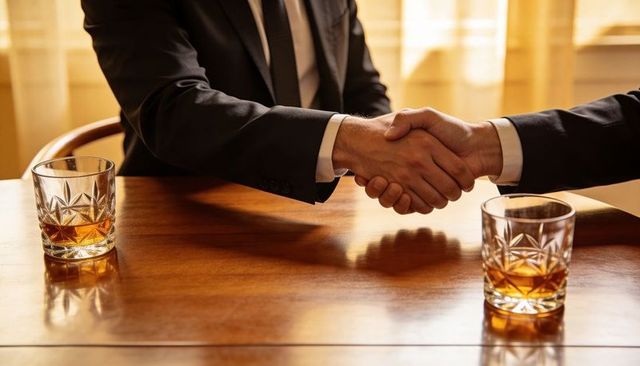 Shaking businessmen sealing deal over whiskey glasses on warm executive table