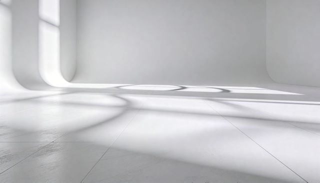 Minimalist white gallery with arched light beams casting circular shadows on tiled floor