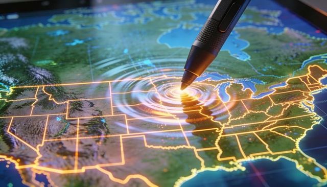 Digital stylus creating neon ripple over us map highlighting great lakes