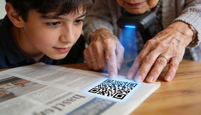 Grandparent scanning qr code in newspaper with curious boy learning digital technology