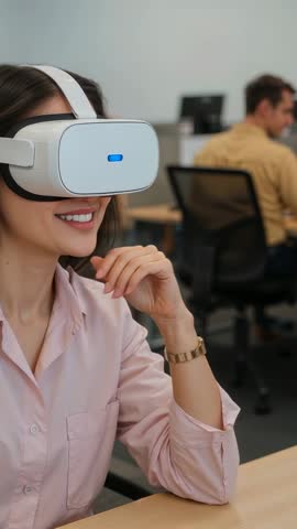 Vertical video of woman wearing VR headset exploring virtual workspace in modern office