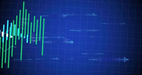 Visualizing financial market data with rising neon candlestick bars and waveform analytics