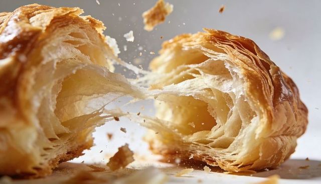 Buttery croissant pulling apart showing flaky laminated layers and crumbs macro closeup