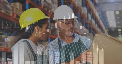 Warehouse Workers Analyzing Boxes with Overlay of Data Charts