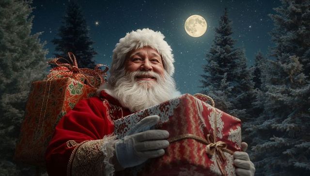 Santa claus holding gift boxes in snowy night forest