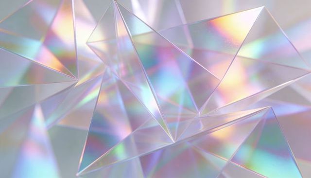 Iridescent triangular prism cluster casting pastel rainbows and holographic faceted light