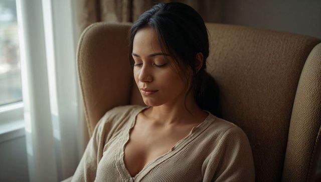 Serene woman sitting in wingback chair gazing down by window with soft natural light