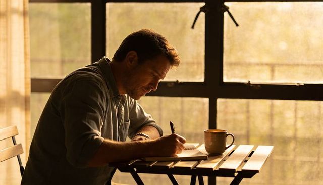 Man journaling by large sunlit window with coffee mug, focused writing and reflection