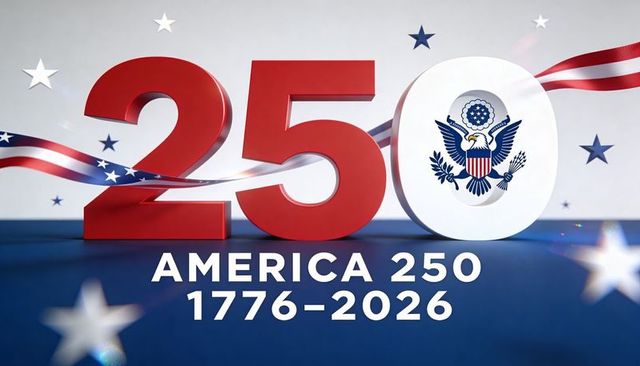 America 250 1776–2026 celebrating 250th anniversary with eagle seal and flag ribbon