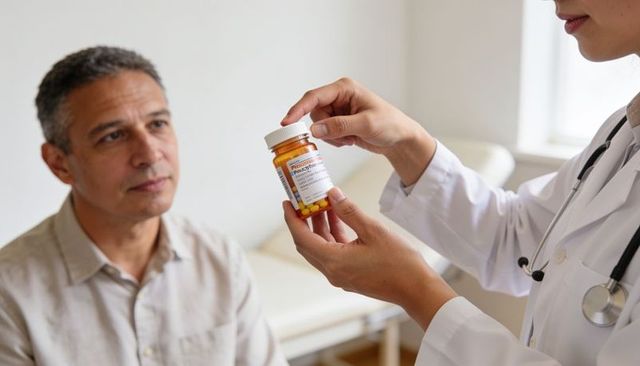 Doctor explaining prescription medication to middle-aged man during clinic consultation