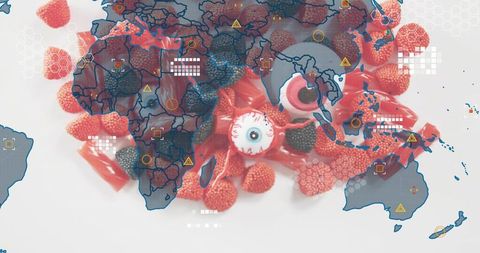 Red and pink candy cluster eyeball confections overlaid with world map and infographic