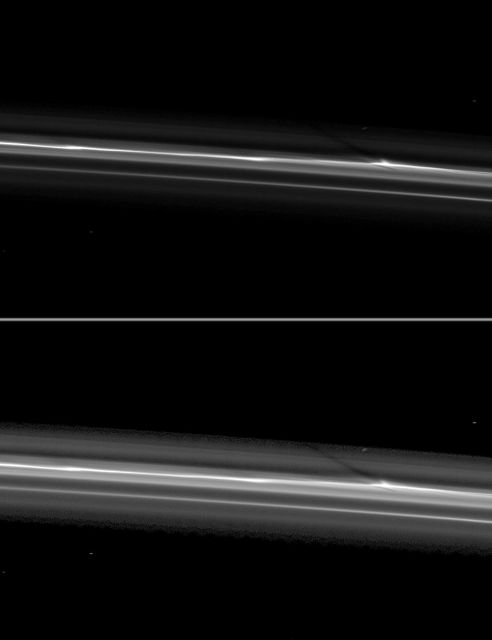 Cassini spies a shadow cast by a vertically extended structure or object in the F ring in this image taken as Saturn approaches its August 2009 equinox.