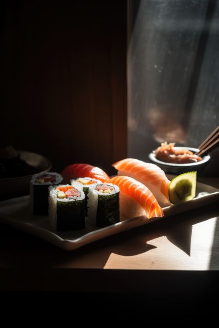 Close up of selection of sushi rolls and dishes, created using generative ai technology. Food, sushi and fresh japanese cuisine concept digitally generated image.