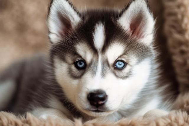 This close-up of an adorable Husky puppy with bright blue eyes is perfect for websites, blogs, or social media posts related to pets, dogs, and animal care. Its captivating gaze and fluffy fur make it suitable for promoting pet adoption, pet products, or even heartwarming content about animal companions.