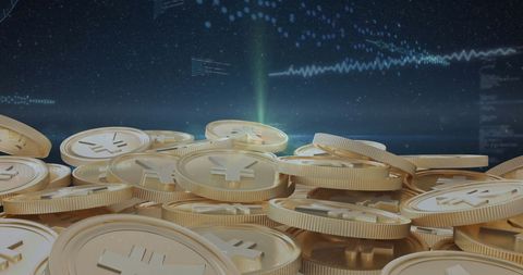 Futuristic Yen Coins and Financial Data Display