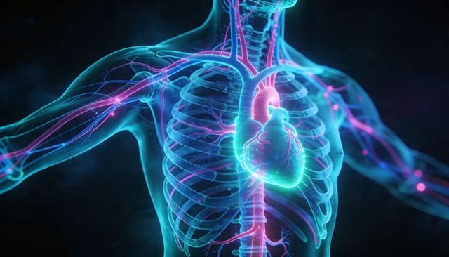 Glowing 3d thoracic anatomy with transparent rib cage, cyan heart and neon vascular network