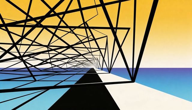 Receding black lattice tunnel over coastal horizon minimalist geometric perspective