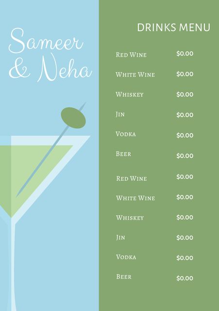 This elegant drinks menu template featuring a martini glass is ideal for weddings, parties, and special events. Easy to customize, it can add a sophisticated touch to any important occasion. Use this template to offer guests a comprehensive and stylish drinks list.