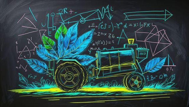 intriguing illustration showcases fusion of a tractor, oversized leaves, and grass strip with complex math diagrams. artistic portrayal ideal for educational materials emphasizing rural innovation, ecological solutions, and agricultural technology. suitable as engaging classroom decor or in presentations discussing sustainable farming, science in agriculture, and integration of math in everyday tasks. unique design can also enhance science fair posters or thematic print advertisements.