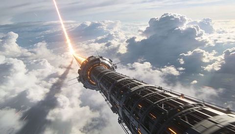Futuristic sky spire projecting energy beam above clouds with observation ring and antennas