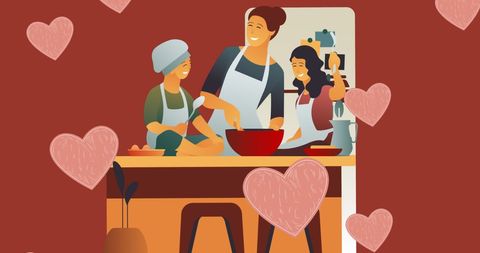 Family Cooking Together Surrounded by Decorative Hearts - Download Free Stock Images Pikwizard.com