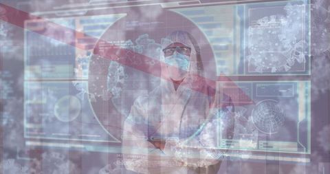 Scientist in ppe analyzing futuristic virus data