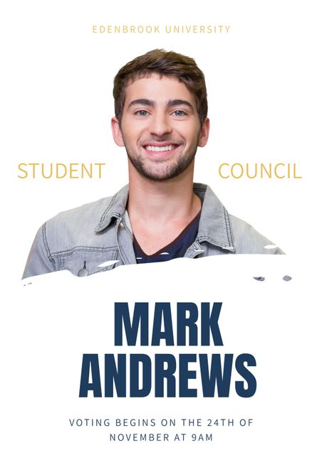 Image featuring a male college student smiling for a student council campaign poster. He is wearing a casual denim jacket against a white background. Ideal for use in educational settings, campaign promotions, student elections, and school newsletters.