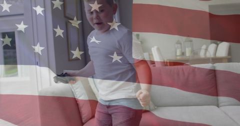 Child engaged in video gaming at home with american flag overlay