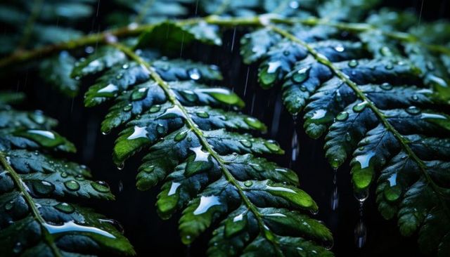 Glistening pinnate fern fronds sparkling, dripping with rain droplets macro verdant leaves
